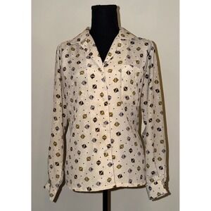 VTG Geometric Diamond Print Long Sleeve Button Up Cream Blouse